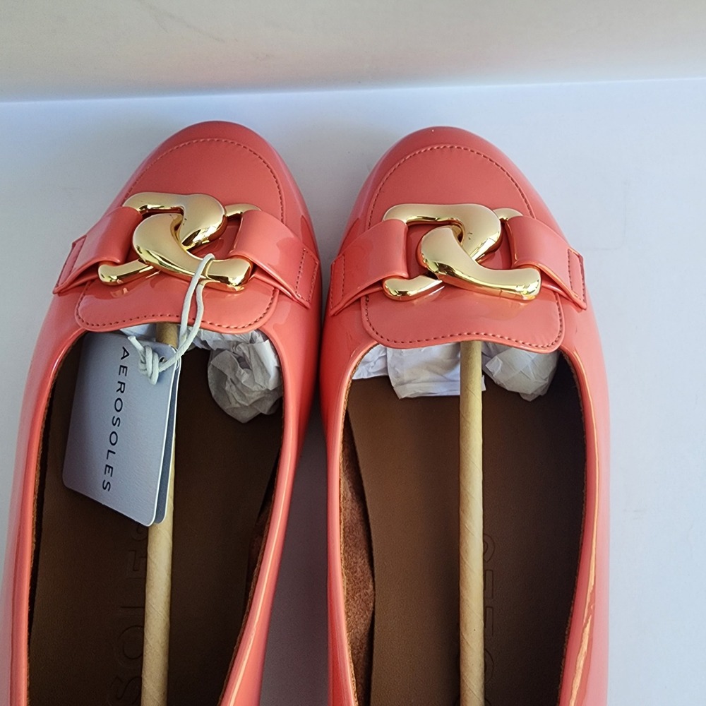 Aerosoles Bell Coral Pink Patent Gold Chain Link Loafers Flats Womens 10W New - Picture 5 of 11